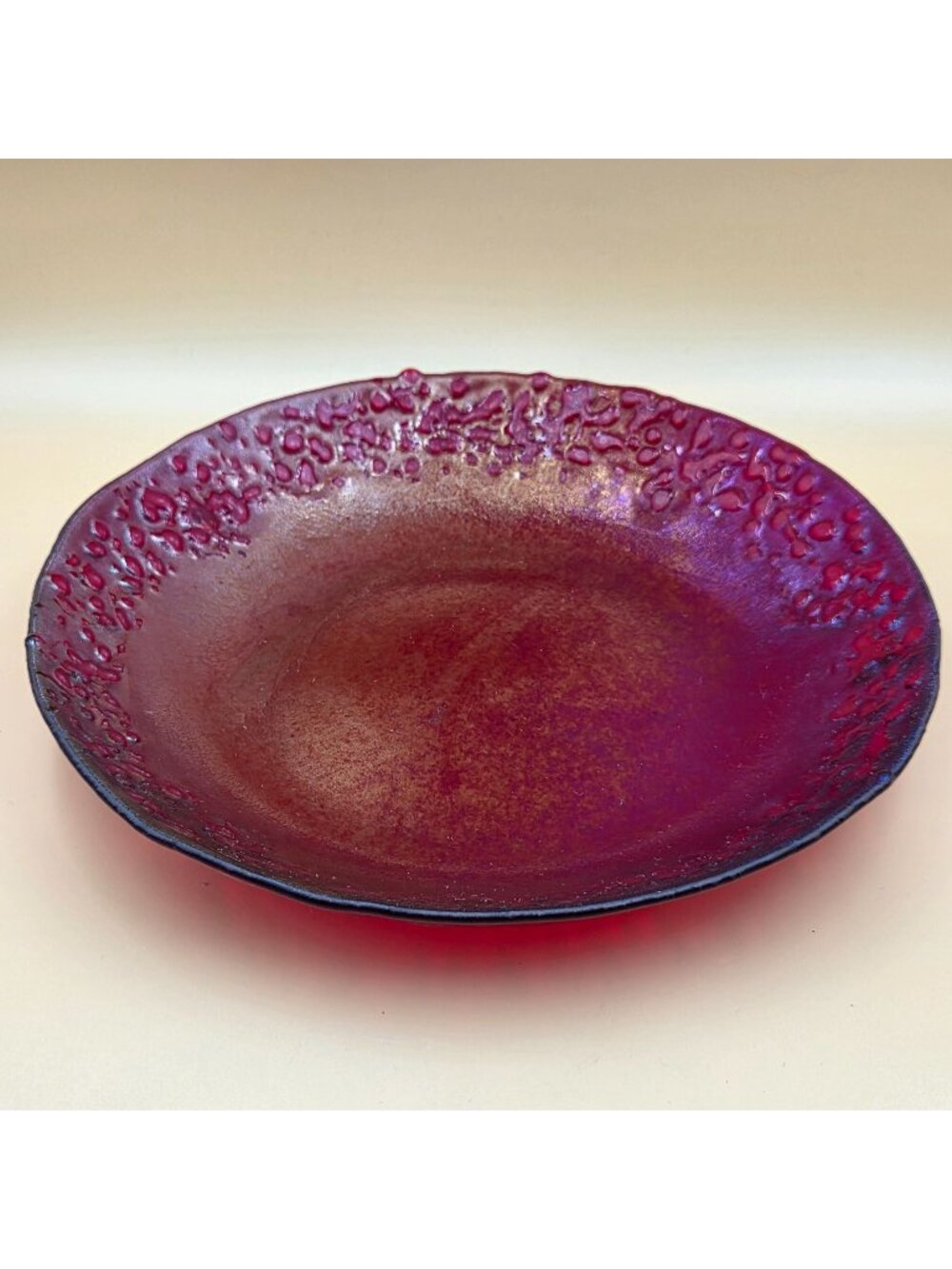 Stacy Signed Hobbyist Art Glass Ruby Red Cranberry Kiln Fused Decorative Plate